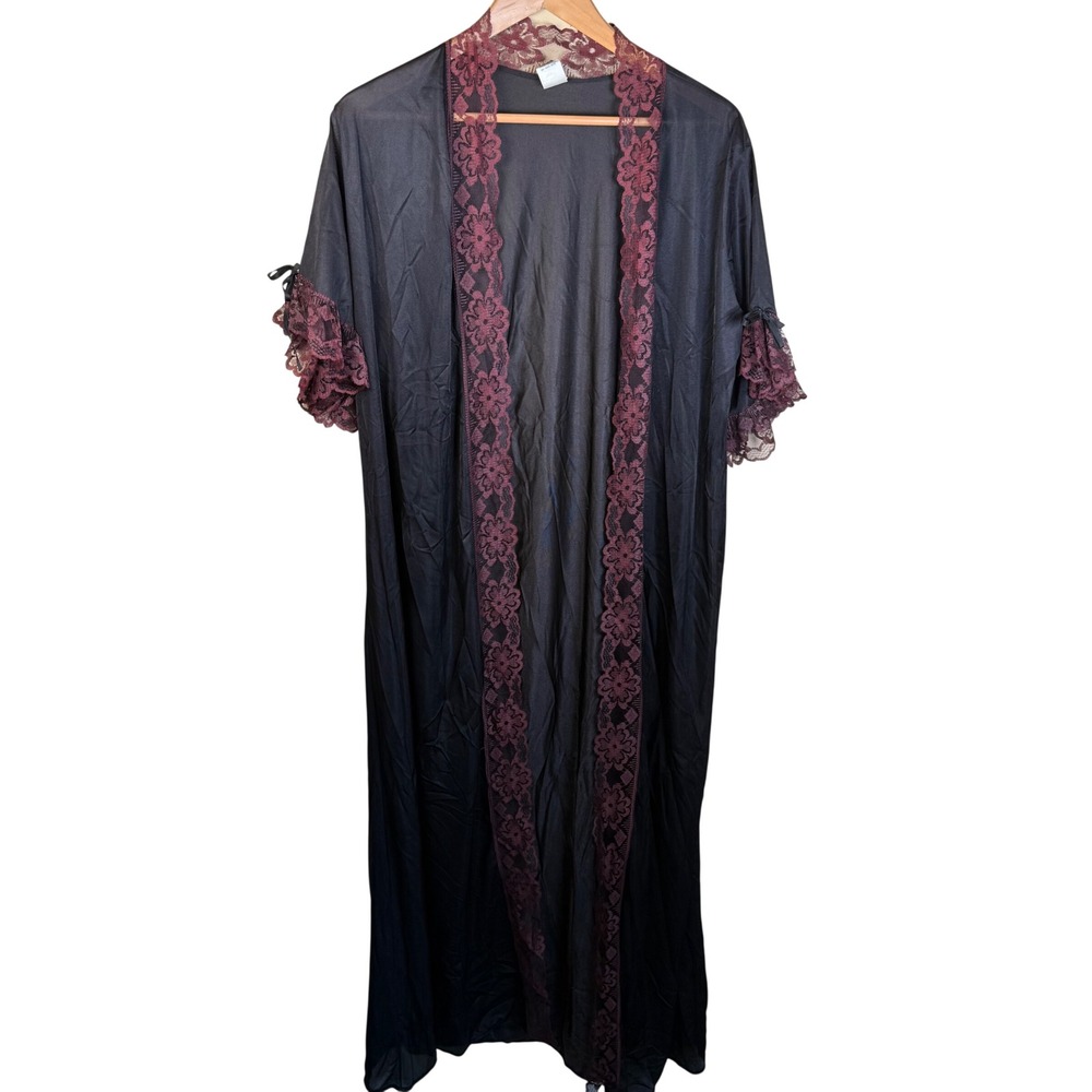 Vintage Lace Trim Long Robe Womens Large Black Burgundy Gothic Sheer Duster